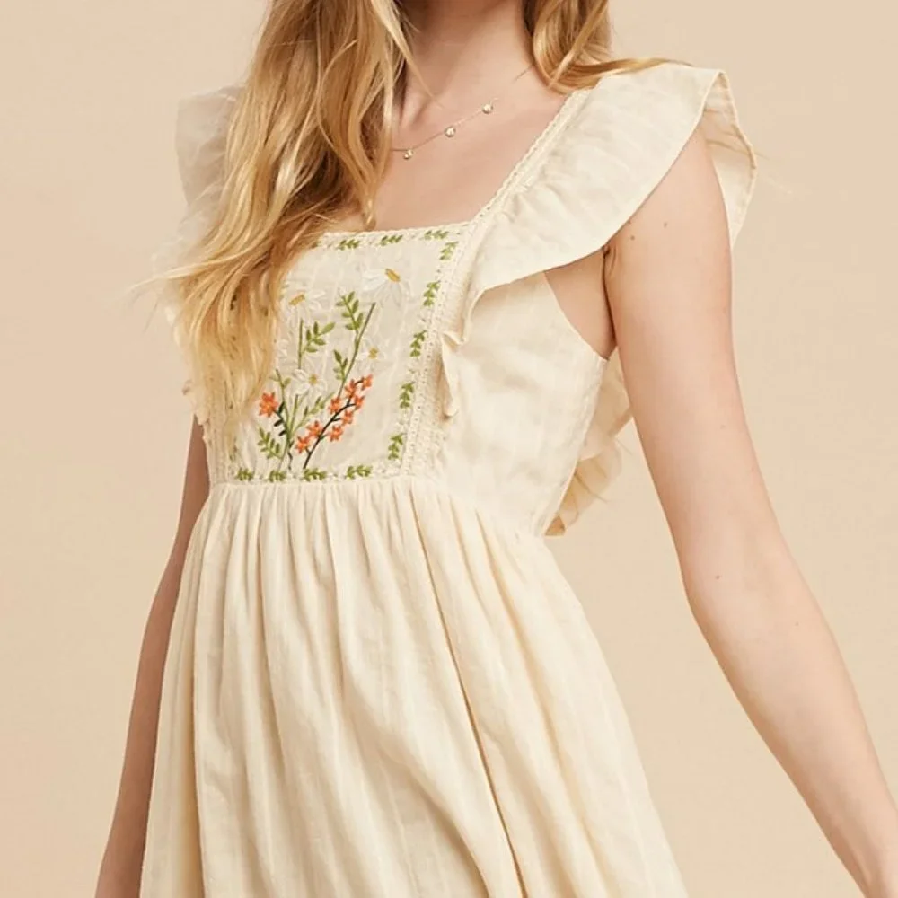 NEW Cream Apron Ruffle Square Neck Floral Embroidered Tie Back Cotton Midi Dress - Picture 7 of 12